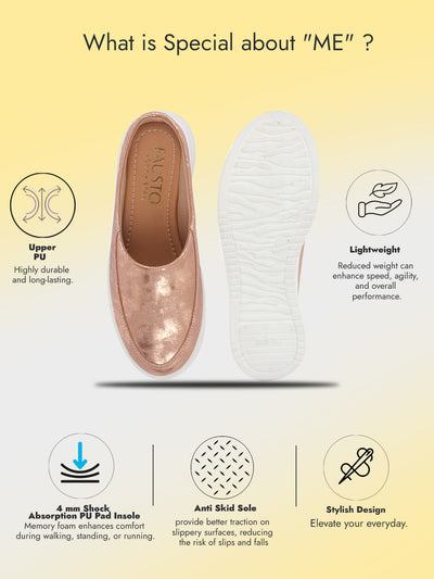 Women Copper Classic Back Open Casual Platform Shoes | Metallic Slip-On Mule Sneakers For Party | Lightweight Comfortable Sneakers
