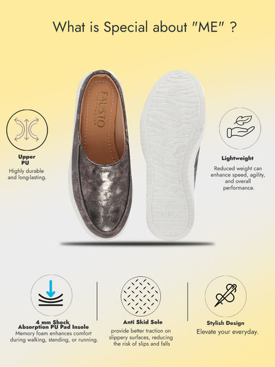 Women Metal Classic Back Open Casual Platform Shoes | Metallic Slip-On Mule Sneakers For Party | Lightweight Comfortable Sneakers