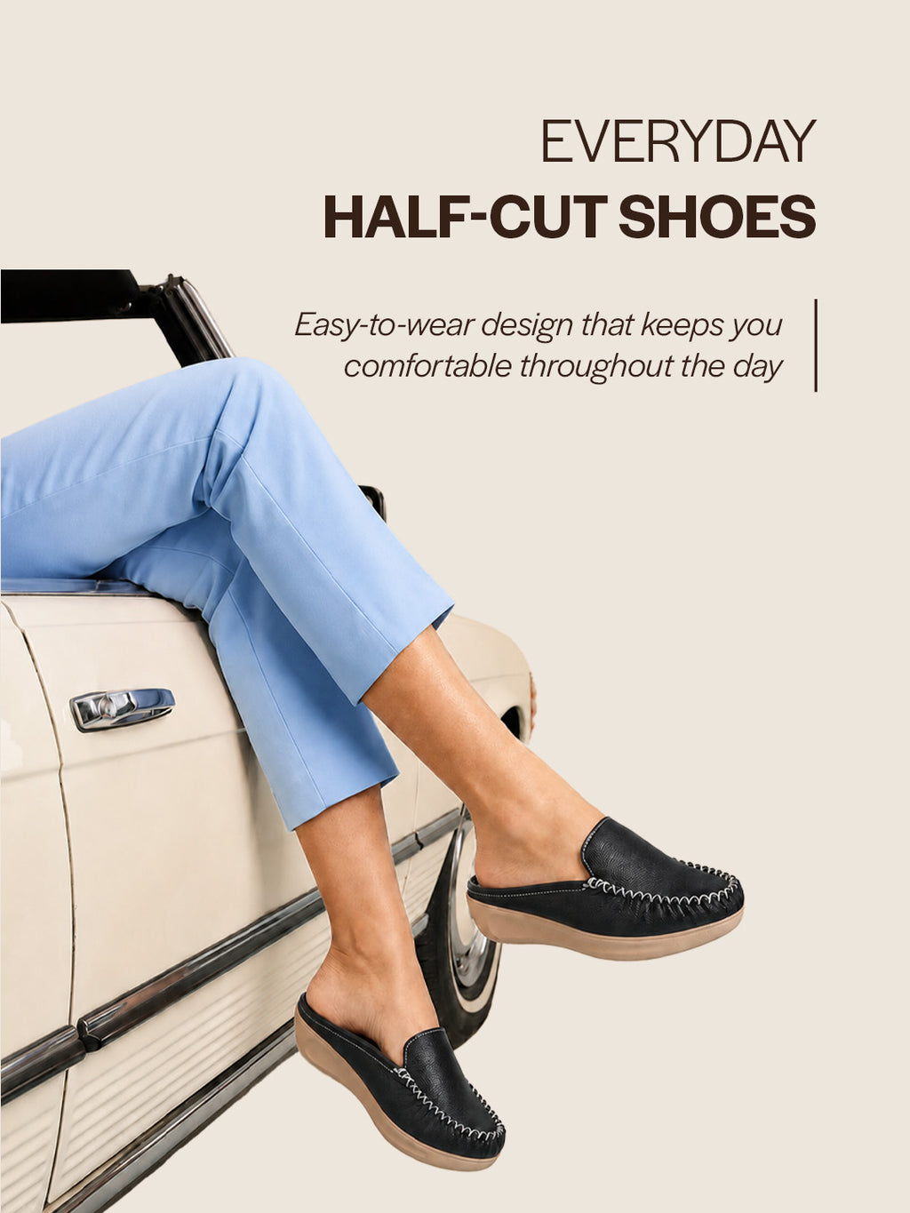 women black back open side stitched slip on shoe|half cut round toe shoes with memory cushioned footbed|outing comfort, evening, casual office wear