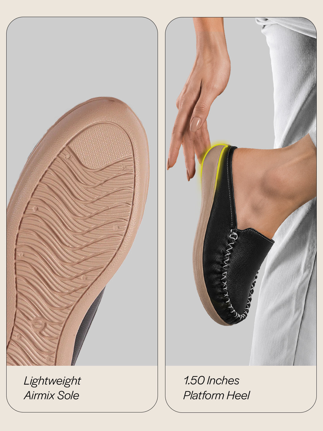 women black back open side stitched slip on shoe|half cut round toe shoes with memory cushioned footbed|outing comfort, evening, casual office wear