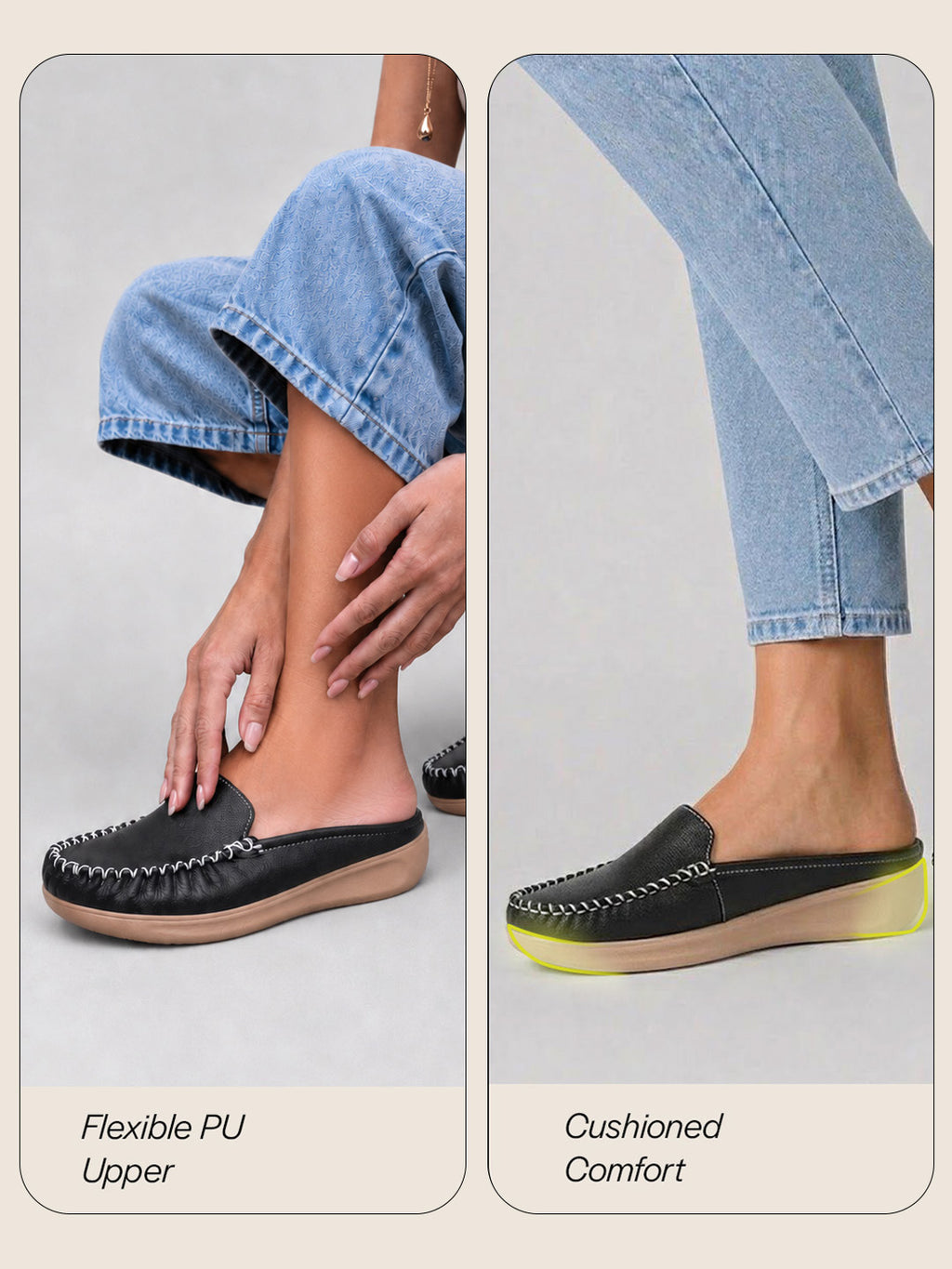 women black back open side stitched slip on shoe|half cut round toe shoes with memory cushioned footbed|outing comfort, evening, casual office wear