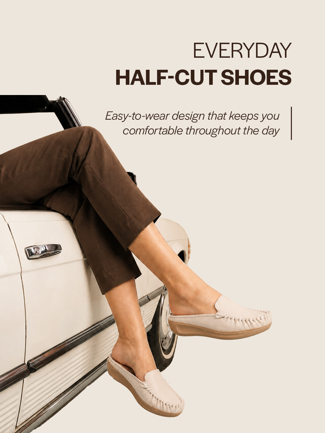 women cream back open side stitched slip on shoe|half cut round toe shoes with memory cushioned footbed|outing comfort, evening, casual office wear