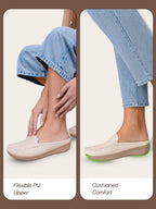 women cream back open side stitched slip on shoe|half cut round toe shoes with memory cushioned footbed|outing comfort, evening, casual office wear