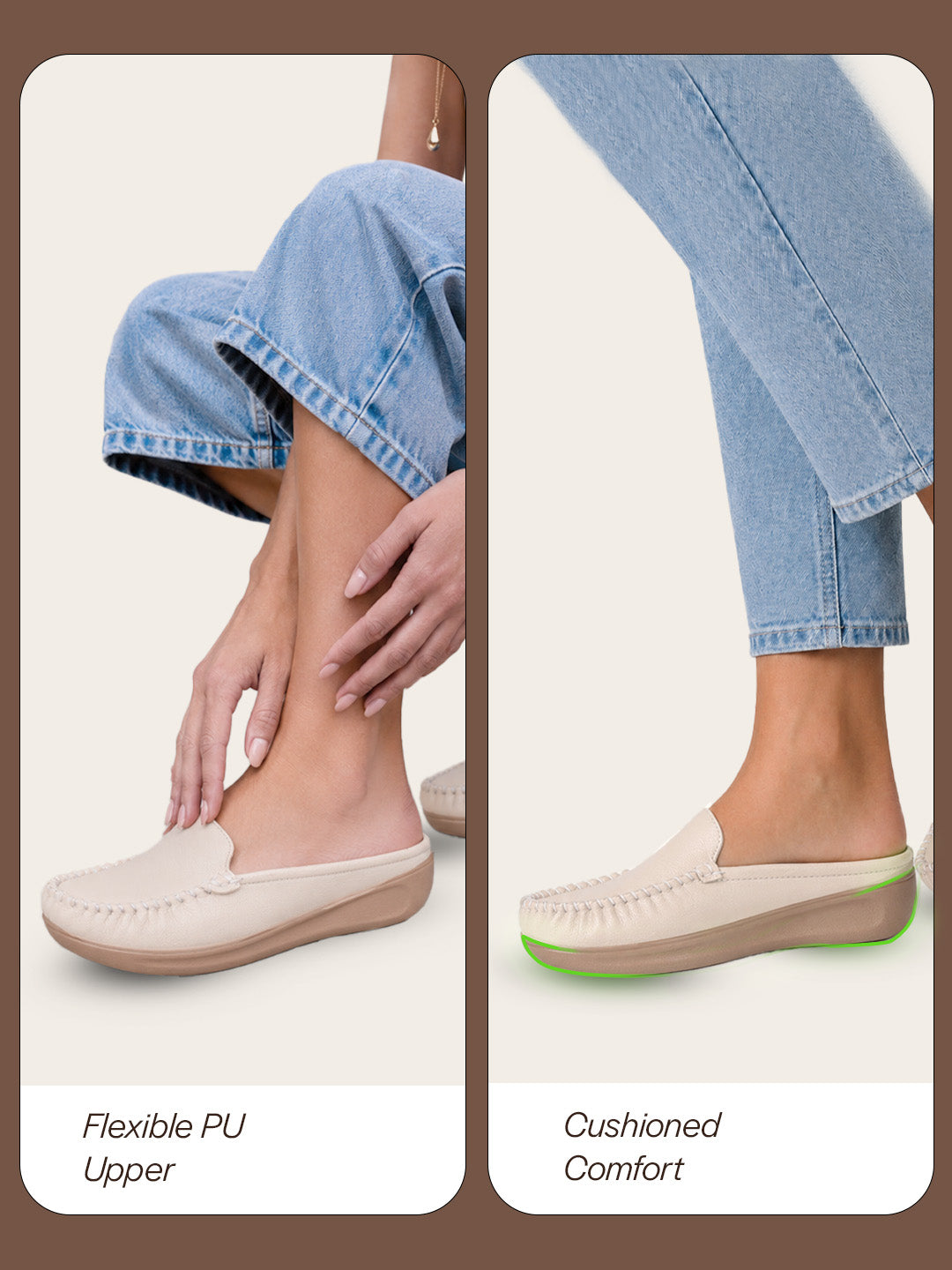 women cream back open side stitched slip on shoe|half cut round toe shoes with memory cushioned footbed|outing comfort, evening, casual office wear