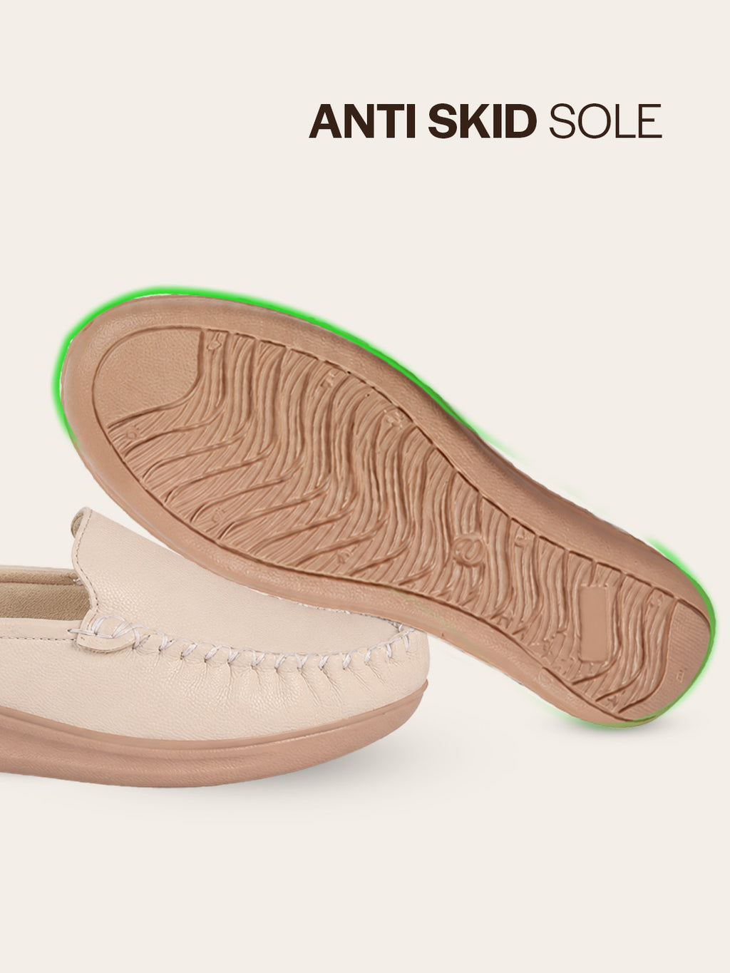 women cream back open side stitched slip on shoe|half cut round toe shoes with memory cushioned footbed|outing comfort, evening, casual office wear