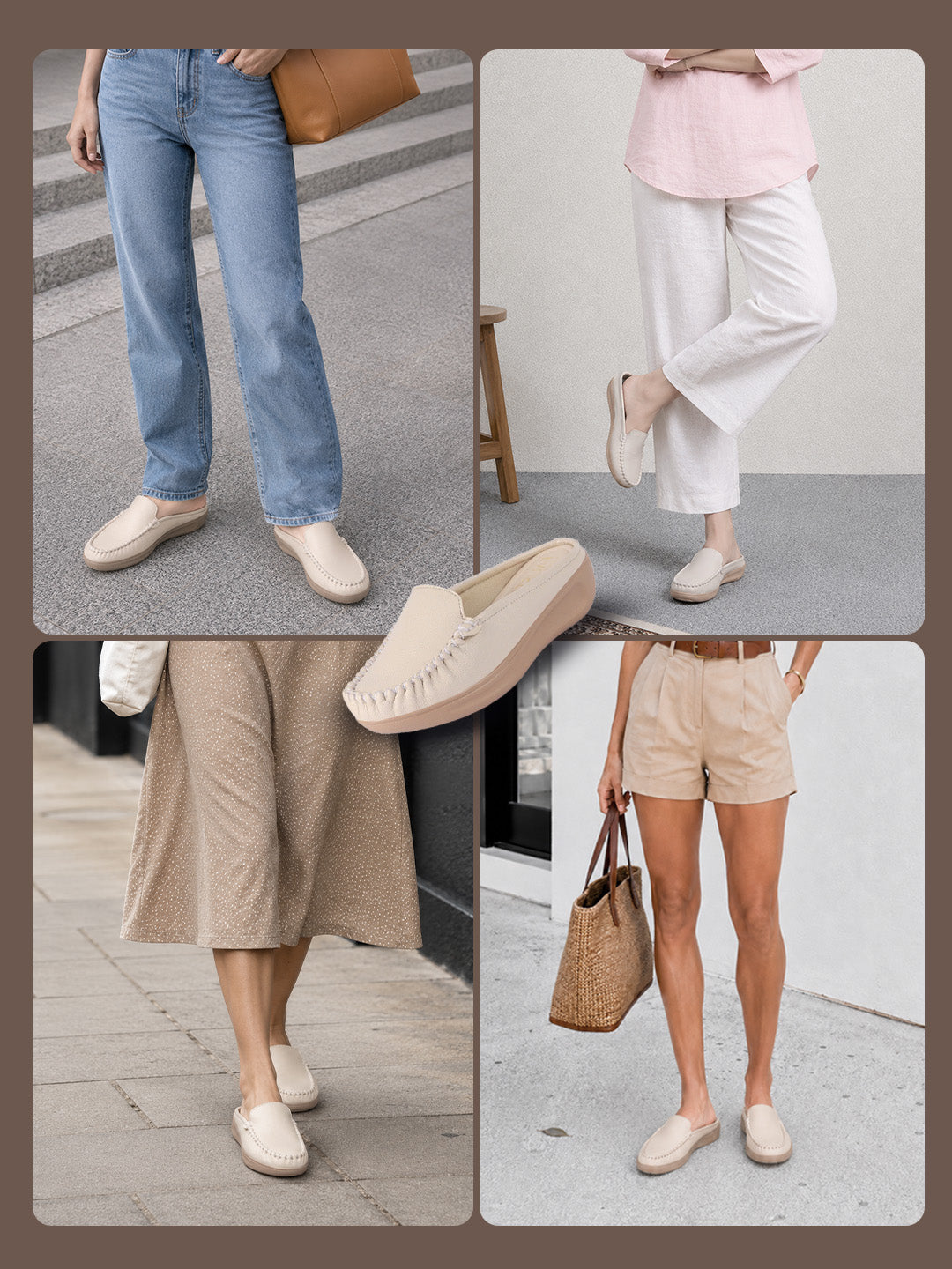 women cream back open side stitched slip on shoe|half cut round toe shoes with memory cushioned footbed|outing comfort, evening, casual office wear