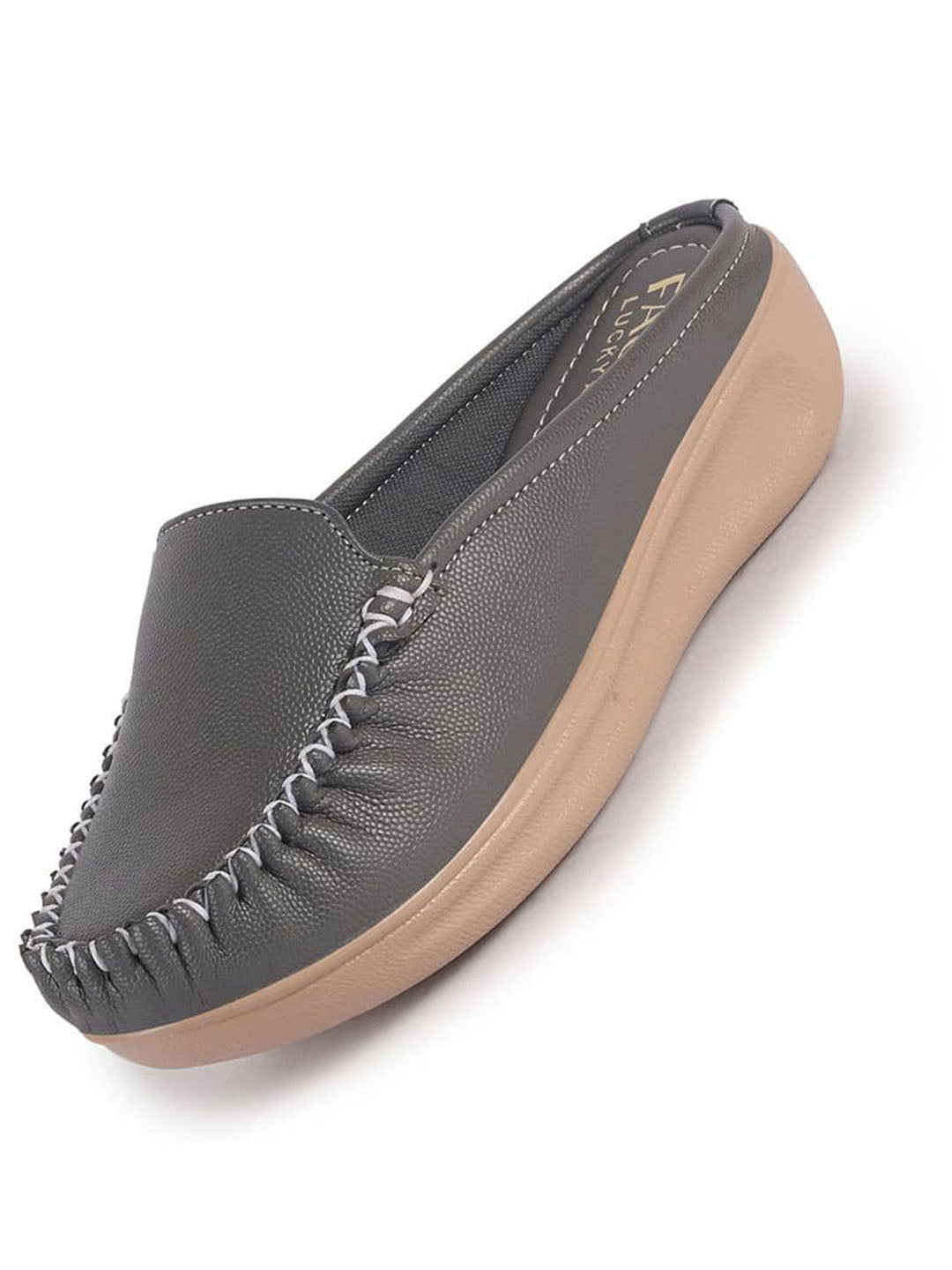 Women Grey Back Open Side Stitched Slip On Shoe | Half Cut Round Toe Shoes with Memory Cushioned Footbed | Outing Comfort, Evening, Casual Office Wear