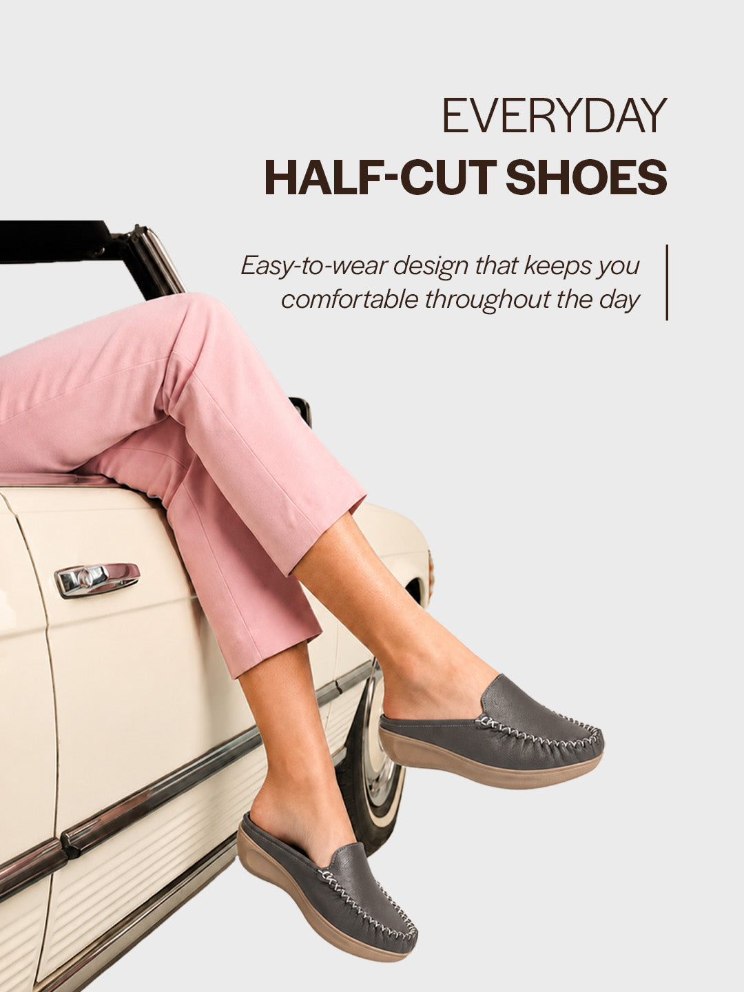women grey back open side stitched slip on shoe|half cut round toe shoes with memory cushioned footbed|outing comfort, evening, casual office wear