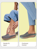 women grey back open side stitched slip on shoe|half cut round toe shoes with memory cushioned footbed|outing comfort, evening, casual office wear