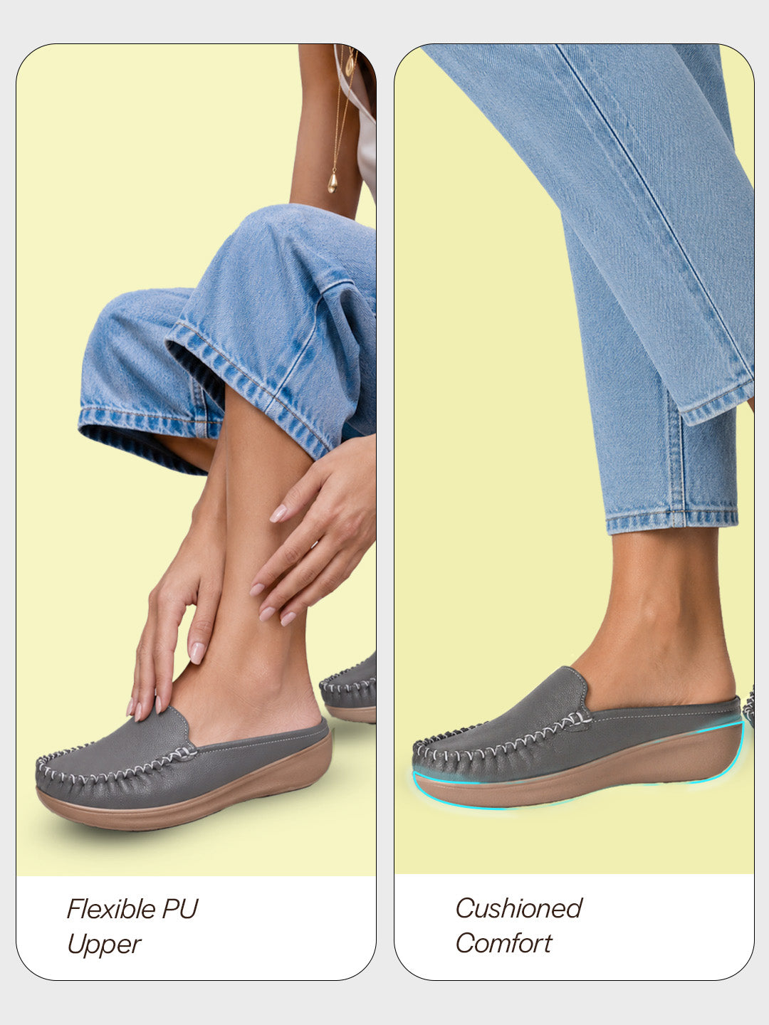 women grey back open side stitched slip on shoe|half cut round toe shoes with memory cushioned footbed|outing comfort, evening, casual office wear