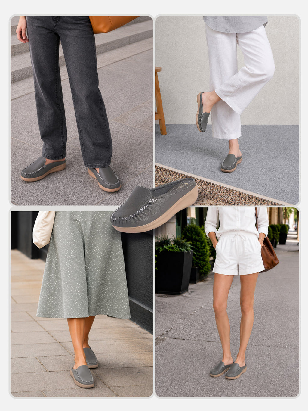 women grey back open side stitched slip on shoe|half cut round toe shoes with memory cushioned footbed|outing comfort, evening, casual office wear