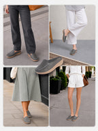 women grey back open side stitched slip on shoe|half cut round toe shoes with memory cushioned footbed|outing comfort, evening, casual office wear