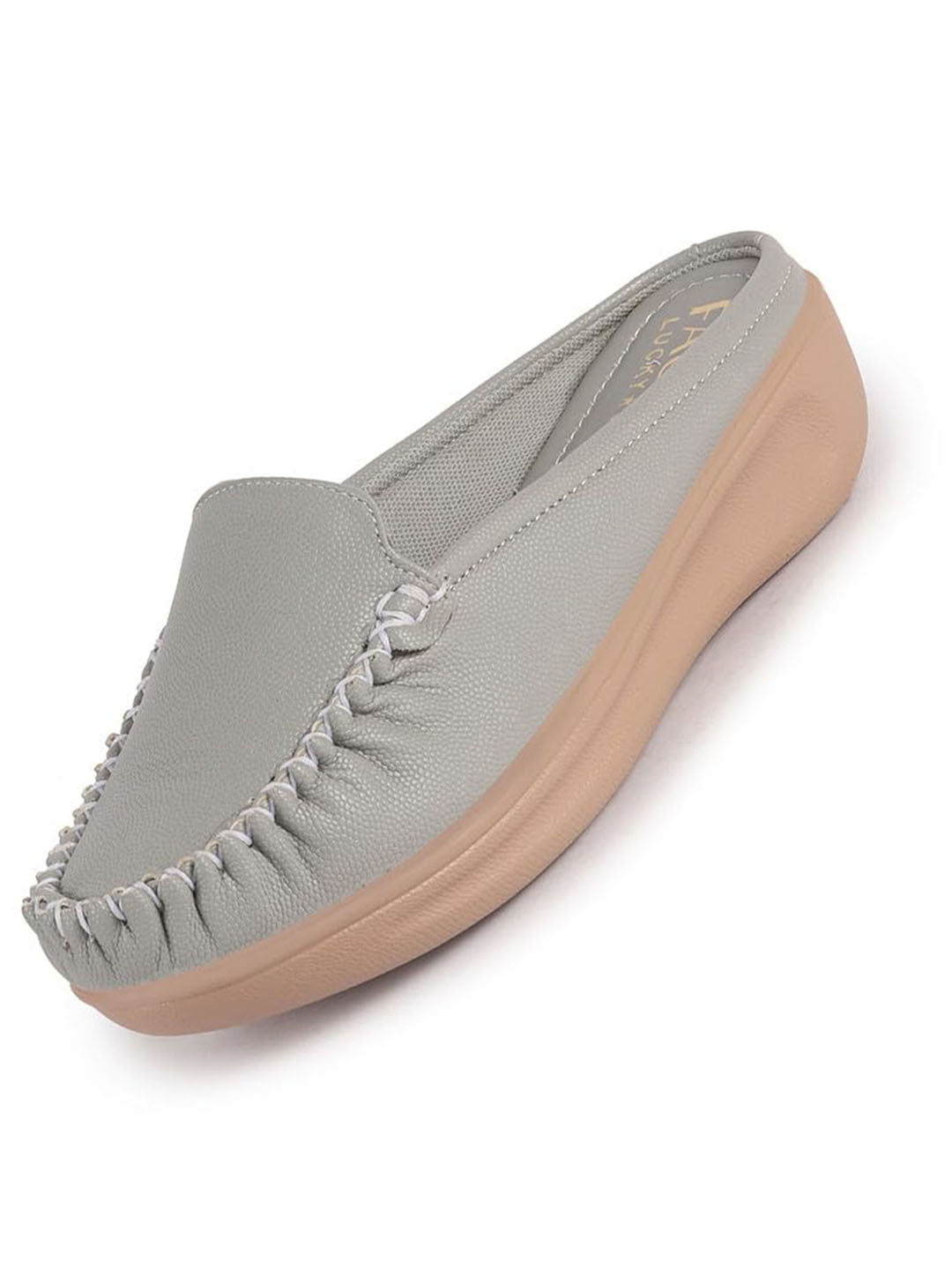 Women Light Grey Back Open Side Stitched Slip On Shoe | Half Cut Round Toe Shoes with Memory Cushioned Footbed | Outing Comfort, Evening, Casual Office Wear