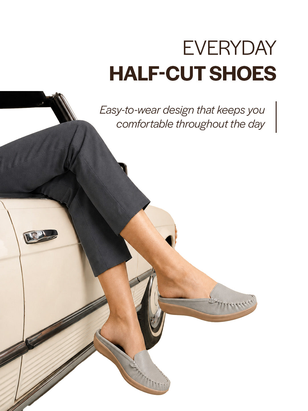 women light grey back open side stitched slip on shoe|half cut round toe shoes with memory cushioned footbed|outing comfort, evening, casual office wear