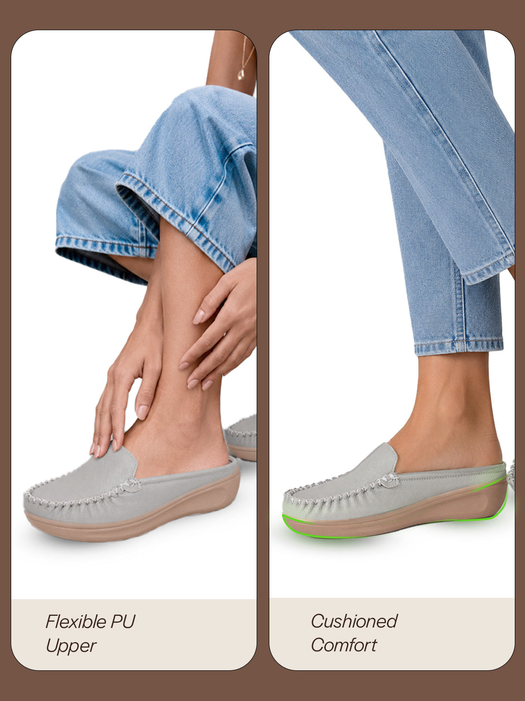 women light grey back open side stitched slip on shoe|half cut round toe shoes with memory cushioned footbed|outing comfort, evening, casual office wear