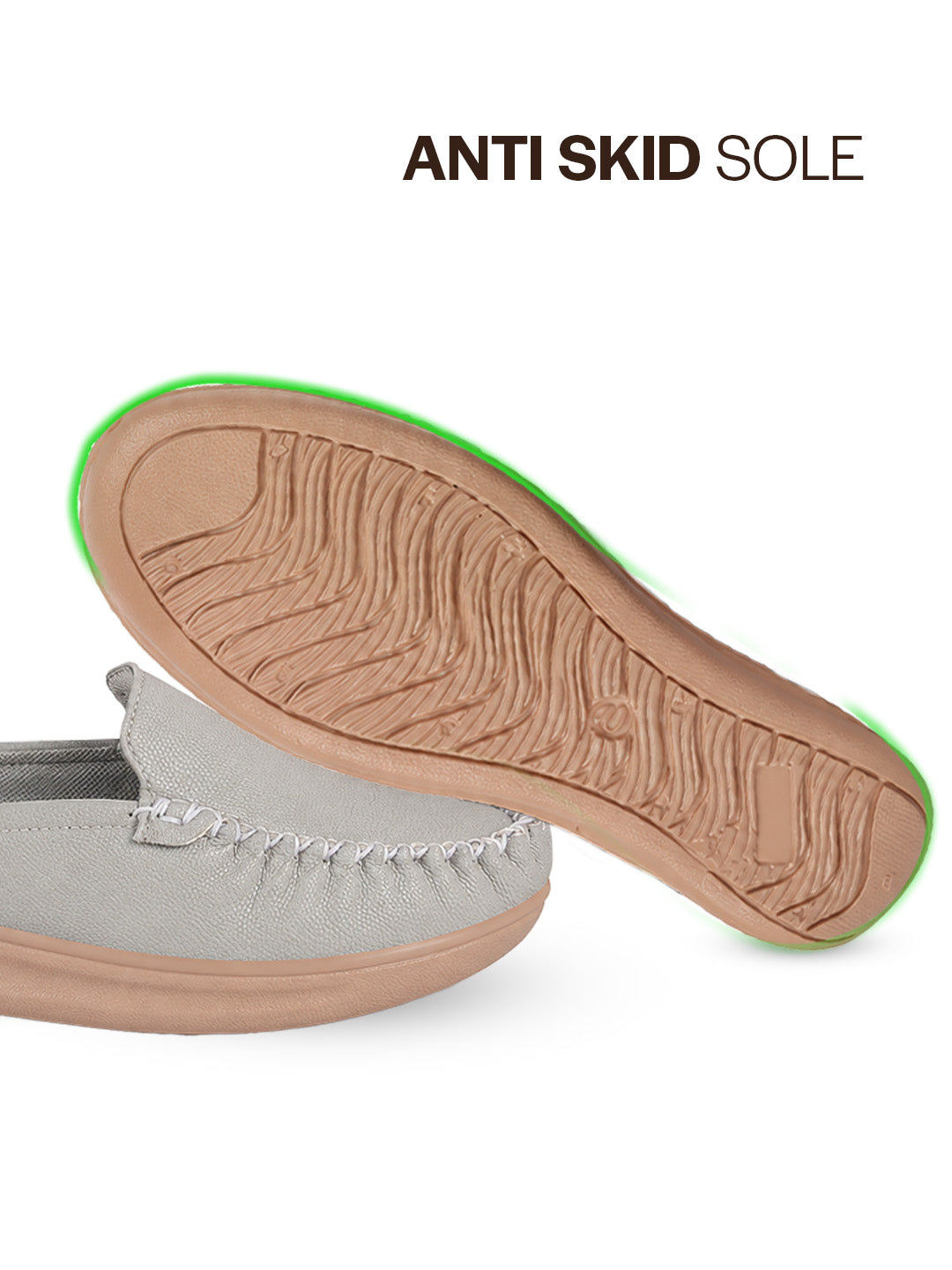 women light grey back open side stitched slip on shoe|half cut round toe shoes with memory cushioned footbed|outing comfort, evening, casual office wear