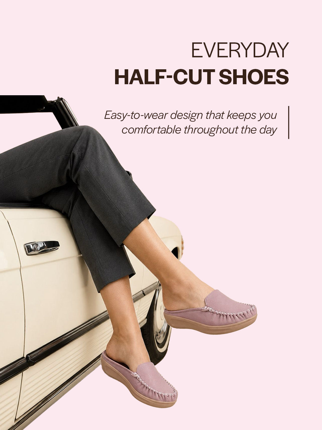women peach back open side stitched slip on shoe|half cut round toe shoes with memory cushioned footbed|outing comfort, evening, casual office wear