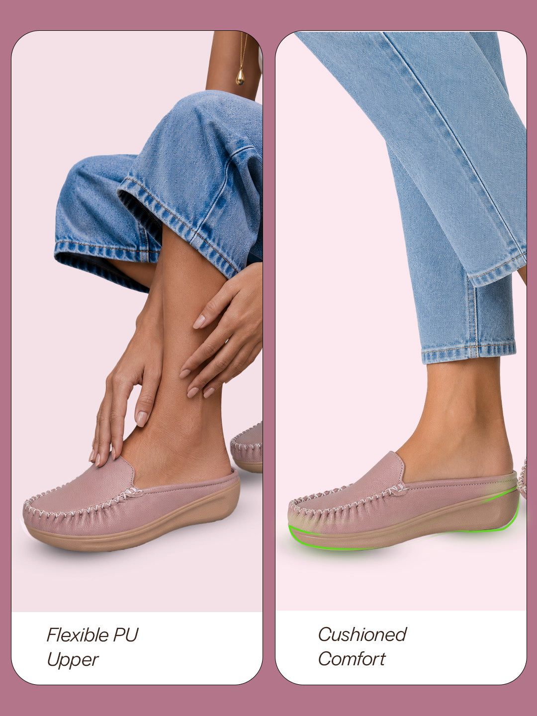 women peach back open side stitched slip on shoe|half cut round toe shoes with memory cushioned footbed|outing comfort, evening, casual office wear