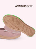 women peach back open side stitched slip on shoe|half cut round toe shoes with memory cushioned footbed|outing comfort, evening, casual office wear