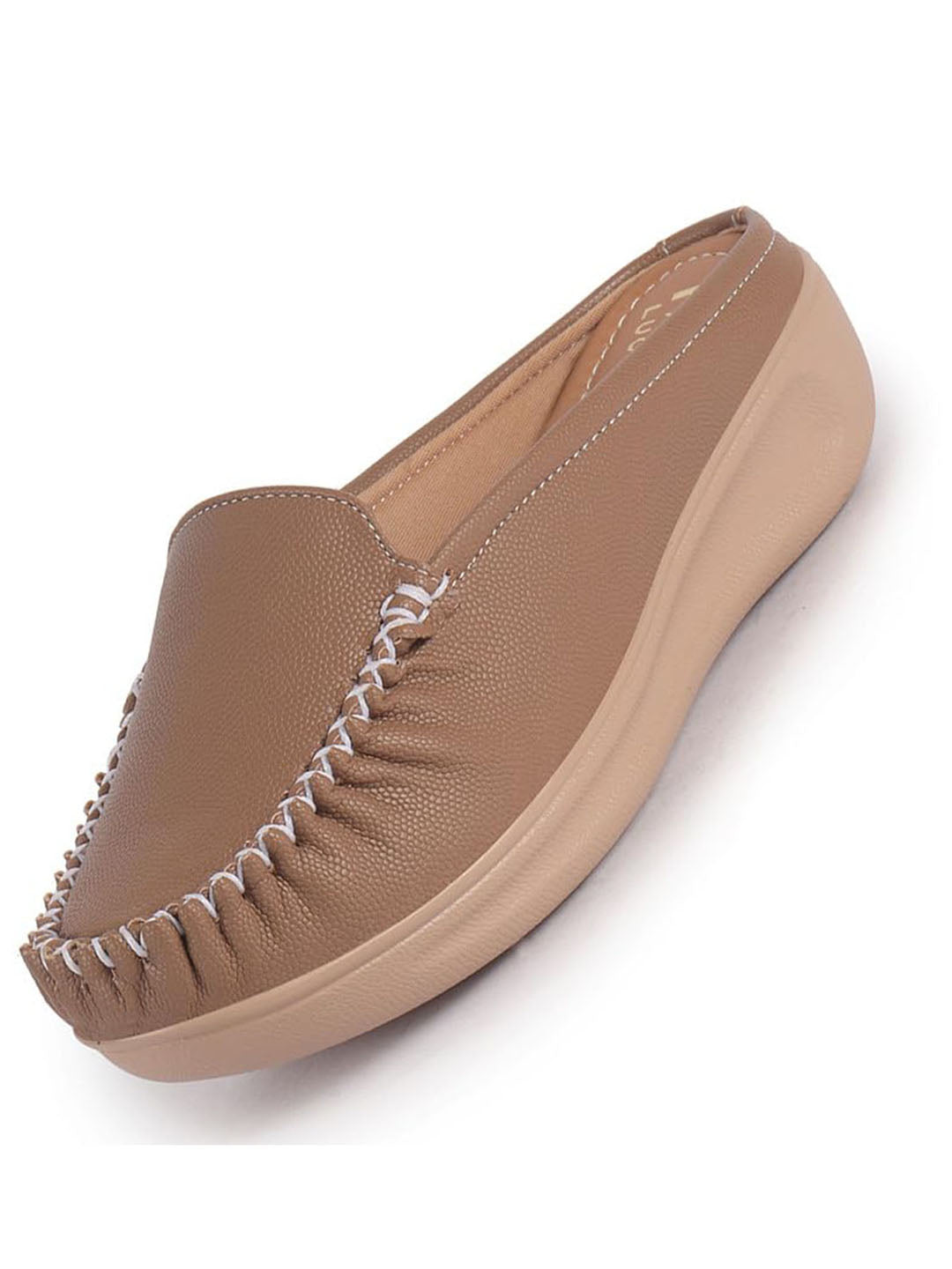 Women Tan Back Open Side Stitched Slip On Shoe | Half Cut Round Toe Shoes with Memory Cushioned Footbed | Outing Comfort, Evening, Casual Office Wear