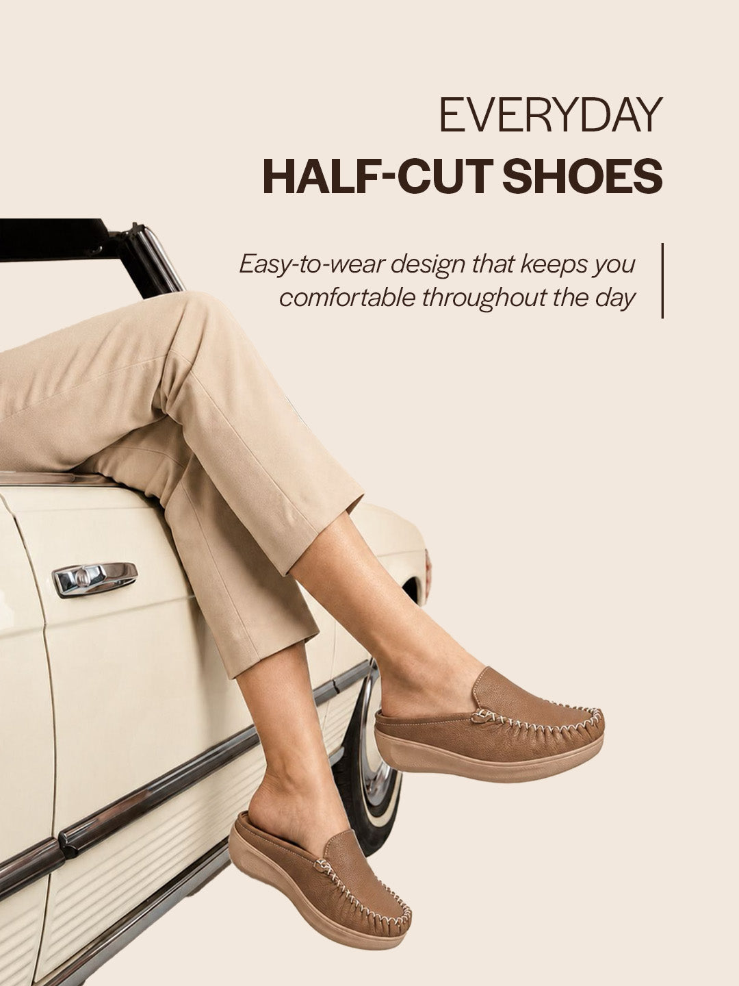 women tan back open side stitched slip on shoe|half cut round toe shoes with memory cushioned footbed|outing comfort, evening, casual office wear