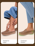 women tan back open side stitched slip on shoe|half cut round toe shoes with memory cushioned footbed|outing comfort, evening, casual office wear