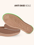 women tan back open side stitched slip on shoe|half cut round toe shoes with memory cushioned footbed|outing comfort, evening, casual office wear