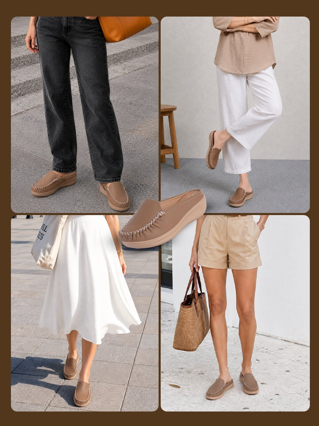 women tan back open side stitched slip on shoe|half cut round toe shoes with memory cushioned footbed|outing comfort, evening, casual office wear