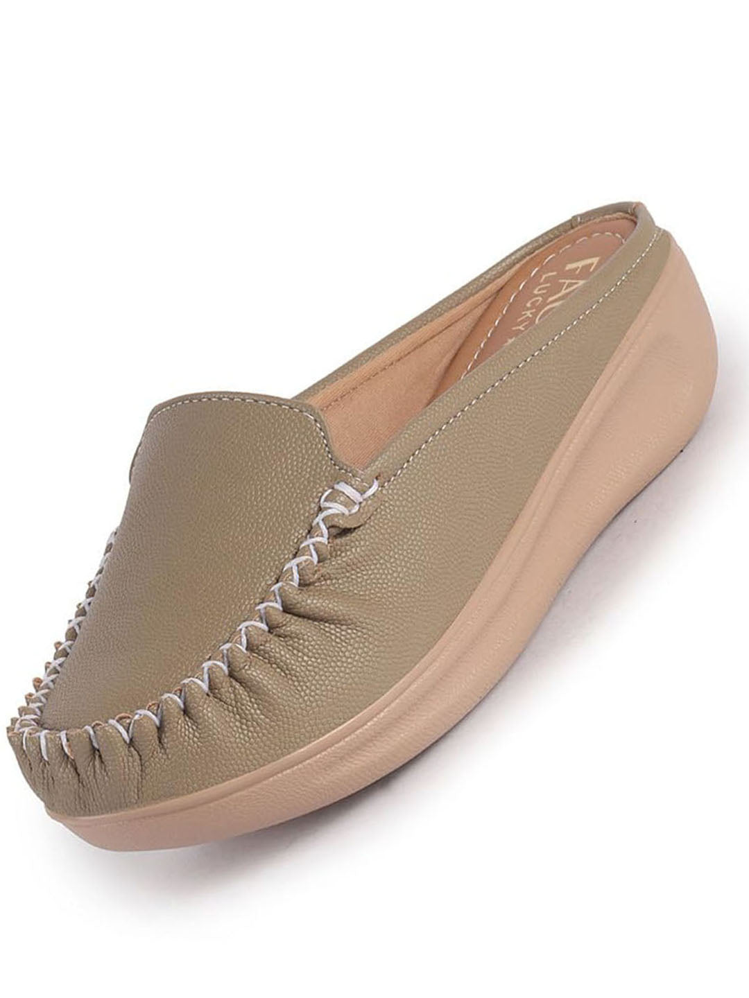 Women Taupe Back Open Side Stitched Slip On Shoe | Half Cut Round Toe Shoes with Memory Cushioned Footbed | Outing Comfort, Evening, Casual Office Wear