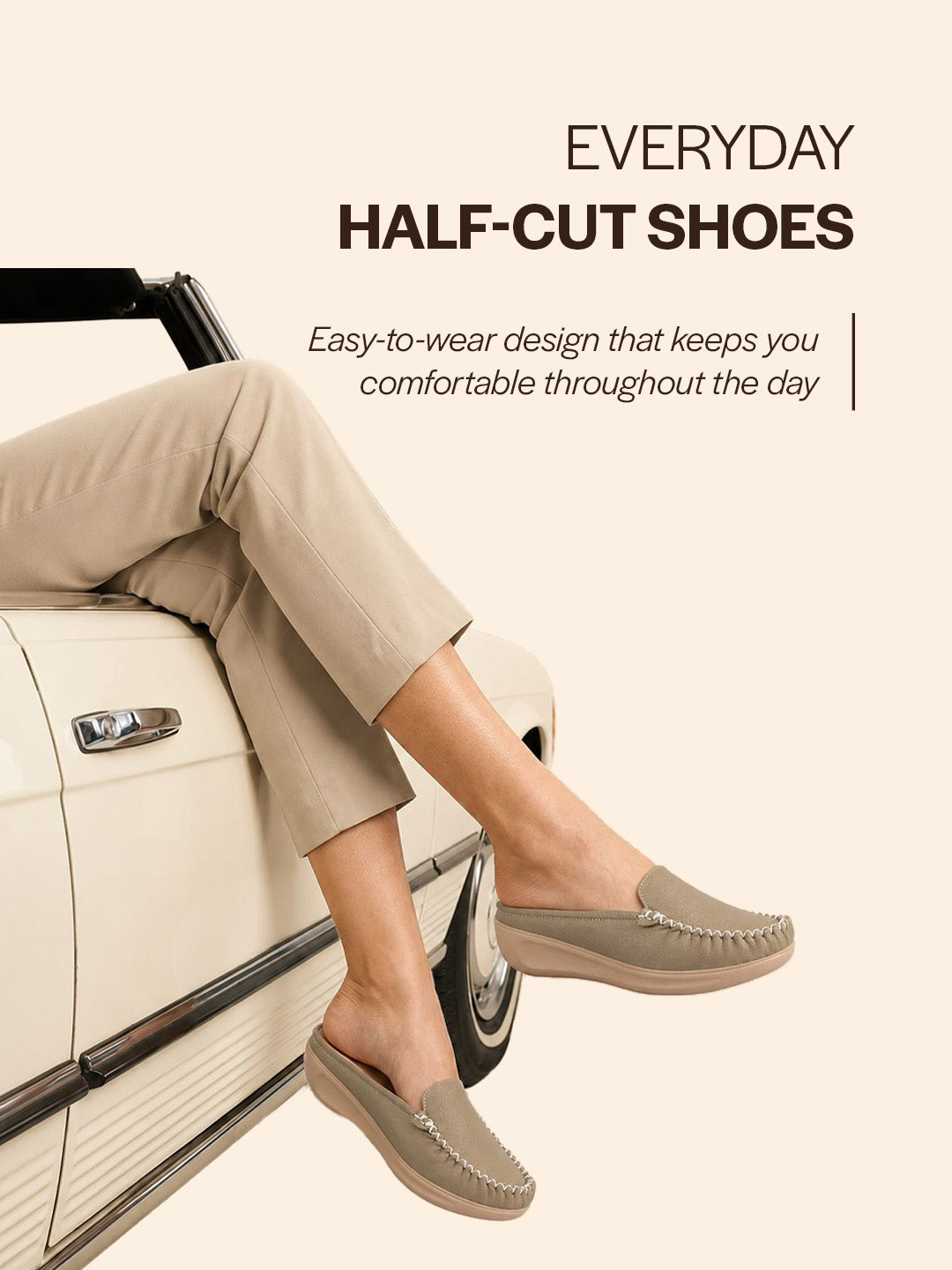 women taupe back open side stitched slip on shoe|half cut round toe shoes with memory cushioned footbed|outing comfort, evening, casual office wear