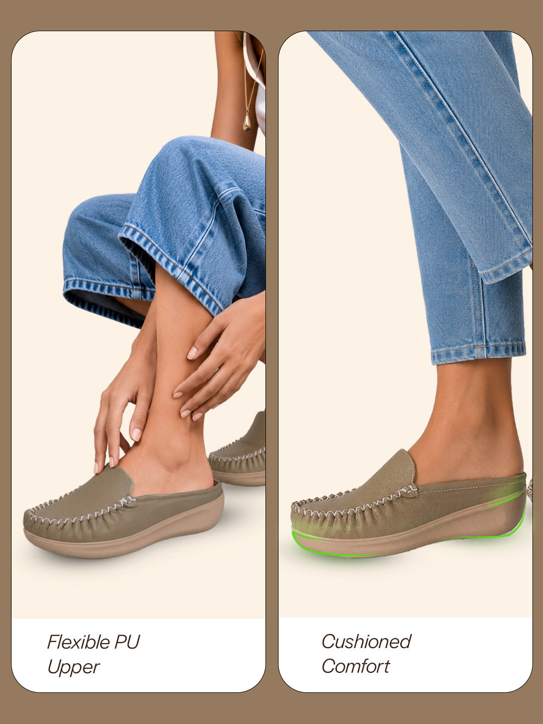 women taupe back open side stitched slip on shoe|half cut round toe shoes with memory cushioned footbed|outing comfort, evening, casual office wear