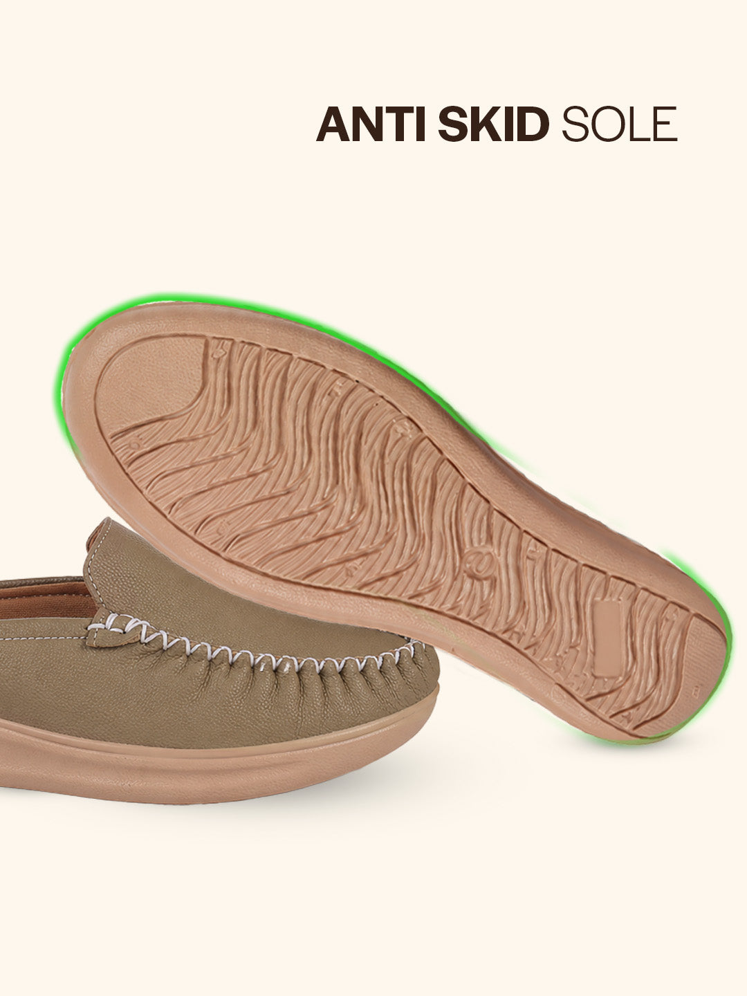women taupe back open side stitched slip on shoe|half cut round toe shoes with memory cushioned footbed|outing comfort, evening, casual office wear