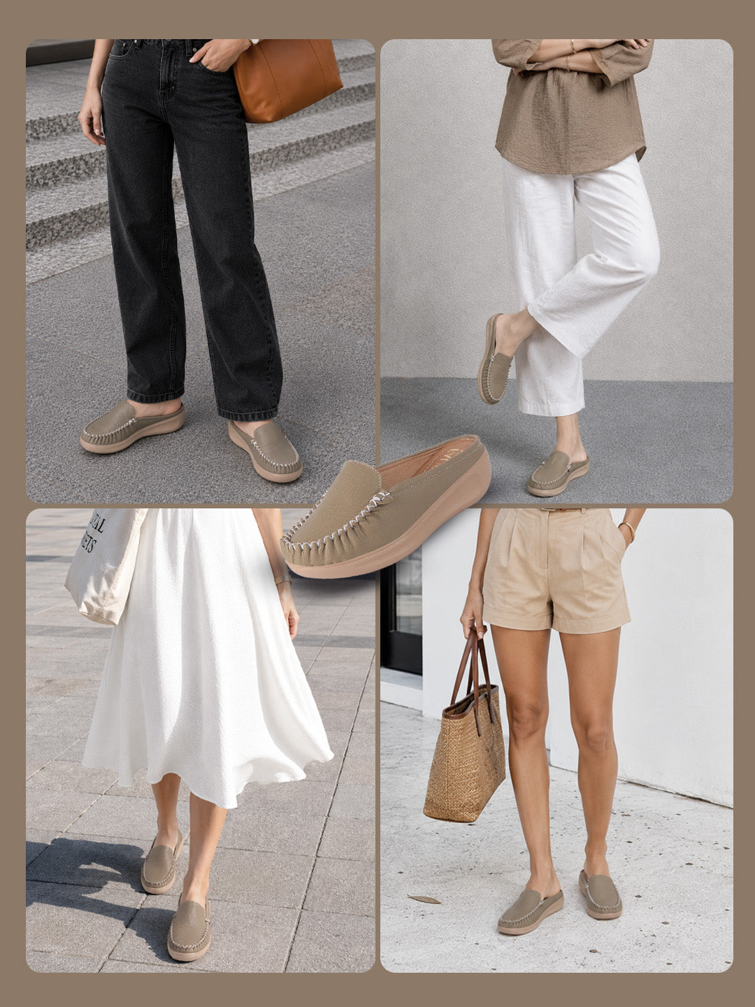 women taupe back open side stitched slip on shoe|half cut round toe shoes with memory cushioned footbed|outing comfort, evening, casual office wear