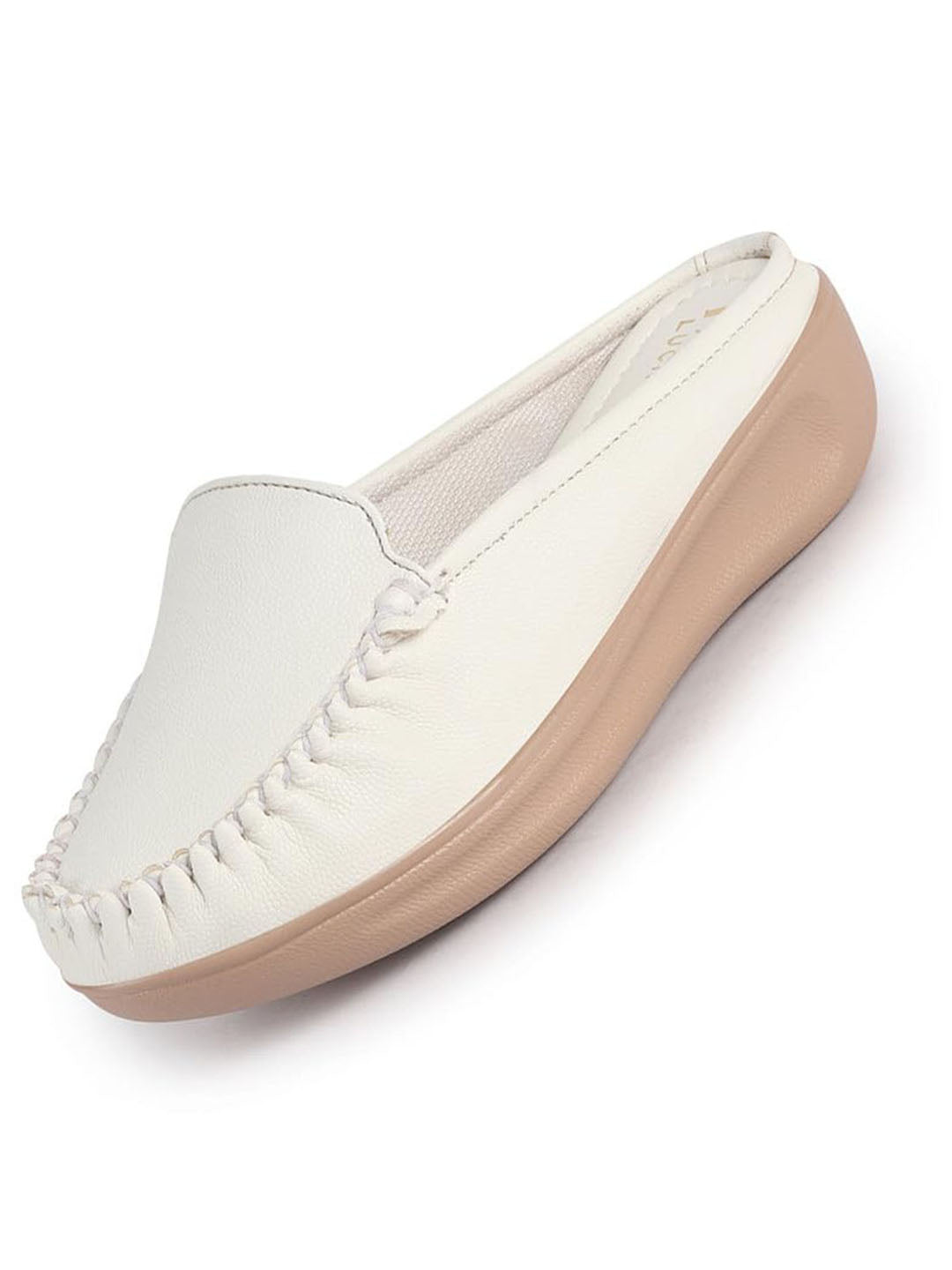 Women White Back Open Side Stitched Slip On Shoe | Half Cut Round Toe Shoes with Memory Cushioned Footbed | Outing Comfort, Evening, Casual Office Wear