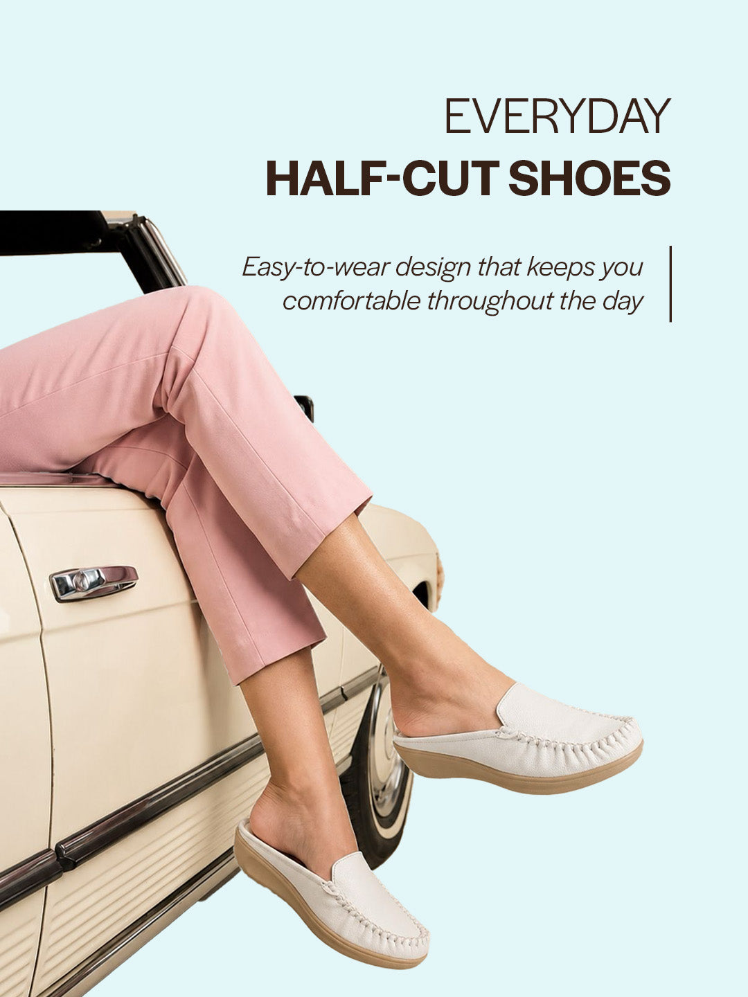 women white back open side stitched slip on shoe|half cut round toe shoes with memory cushioned footbed|outing comfort, evening, casual office wear