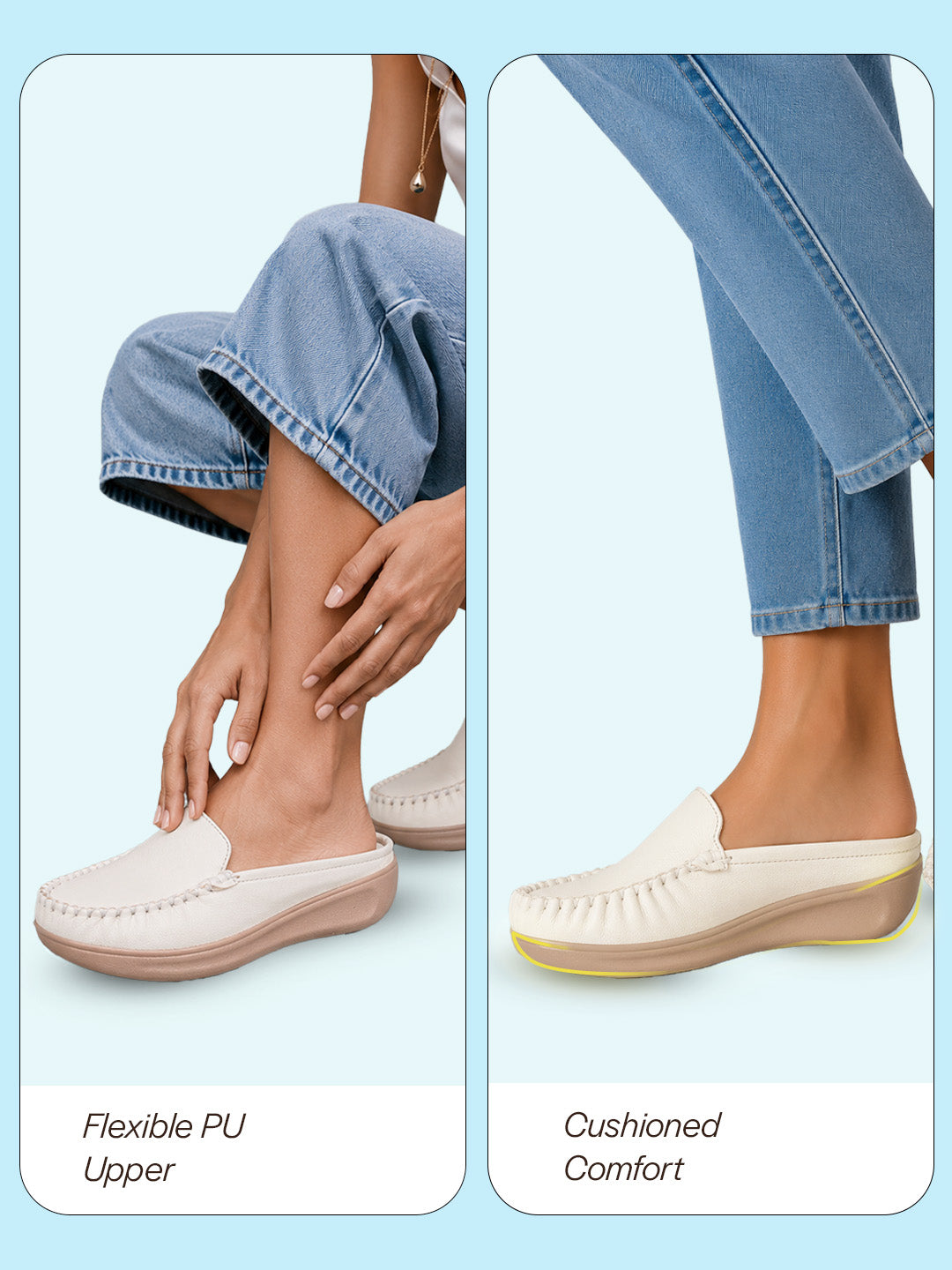 women white back open side stitched slip on shoe|half cut round toe shoes with memory cushioned footbed|outing comfort, evening, casual office wear