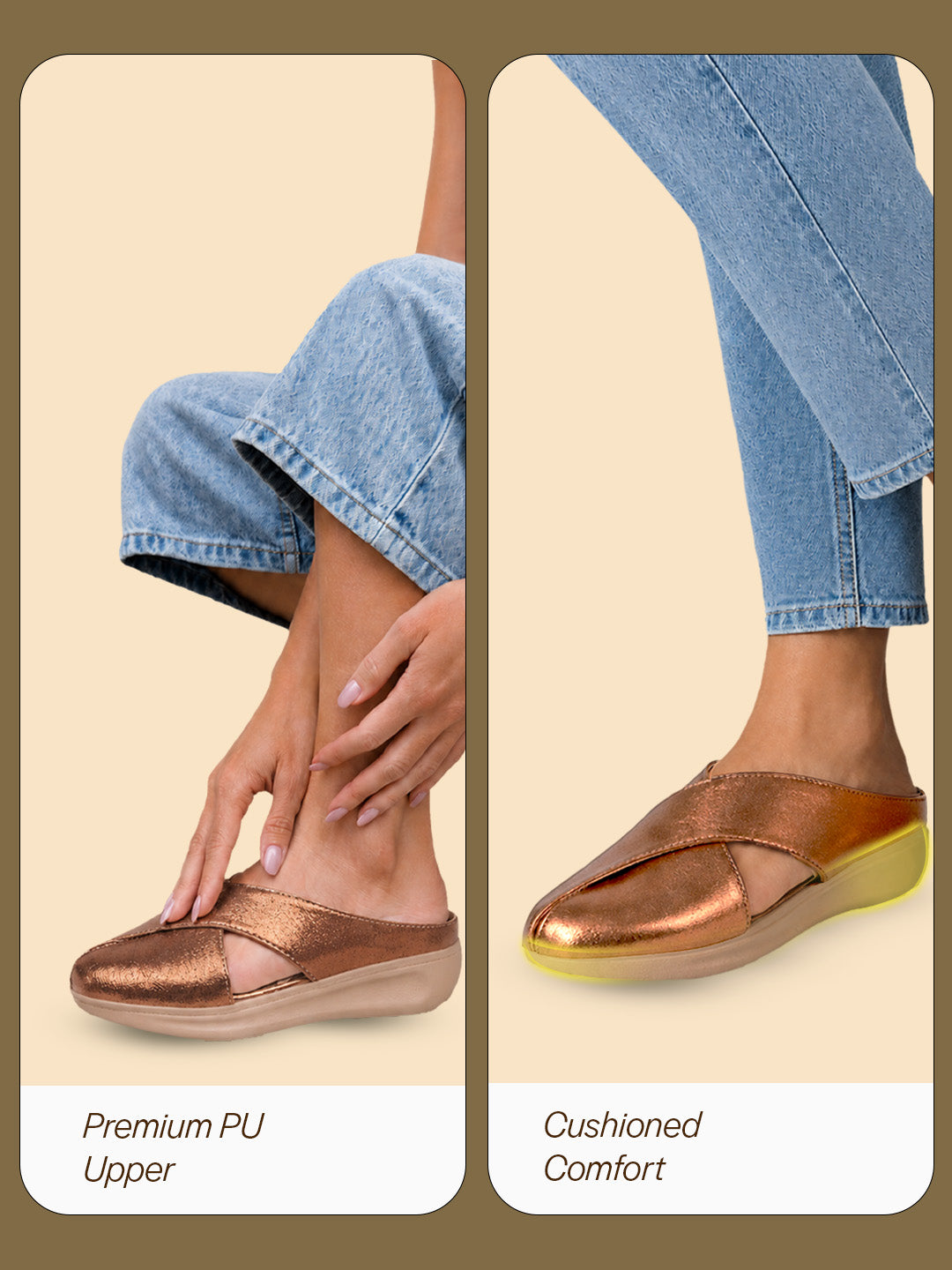 women copper criss cross strap design perforated slip on shoes | back open casual shoes for office, outdoor, party