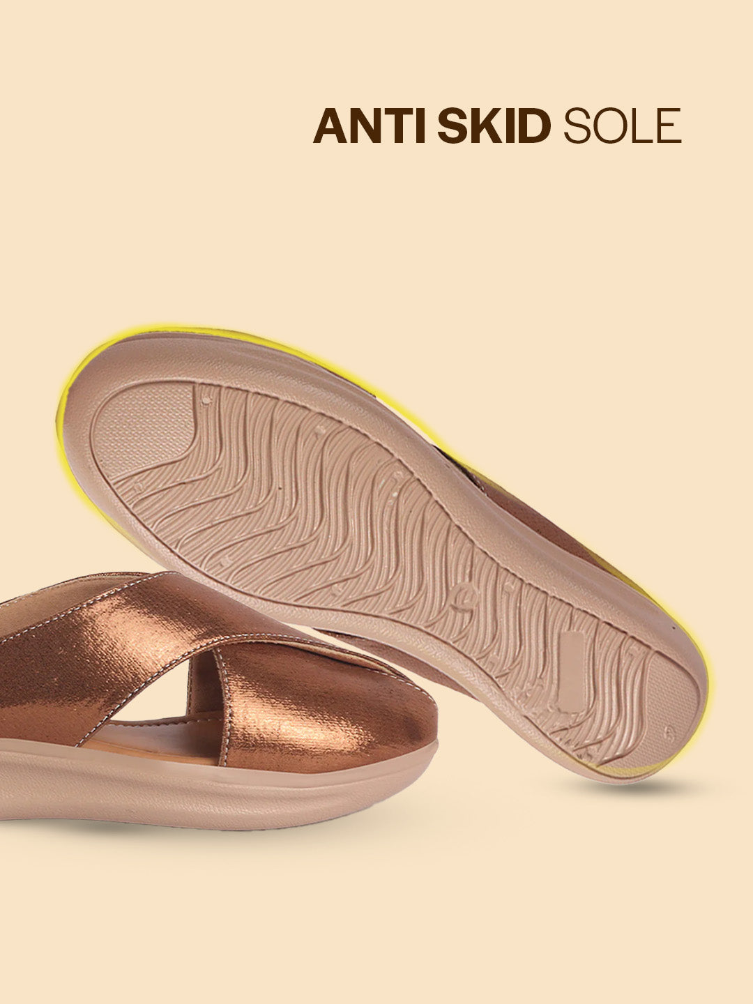 women copper criss cross strap design perforated slip on shoes | back open casual shoes for office, outdoor, party