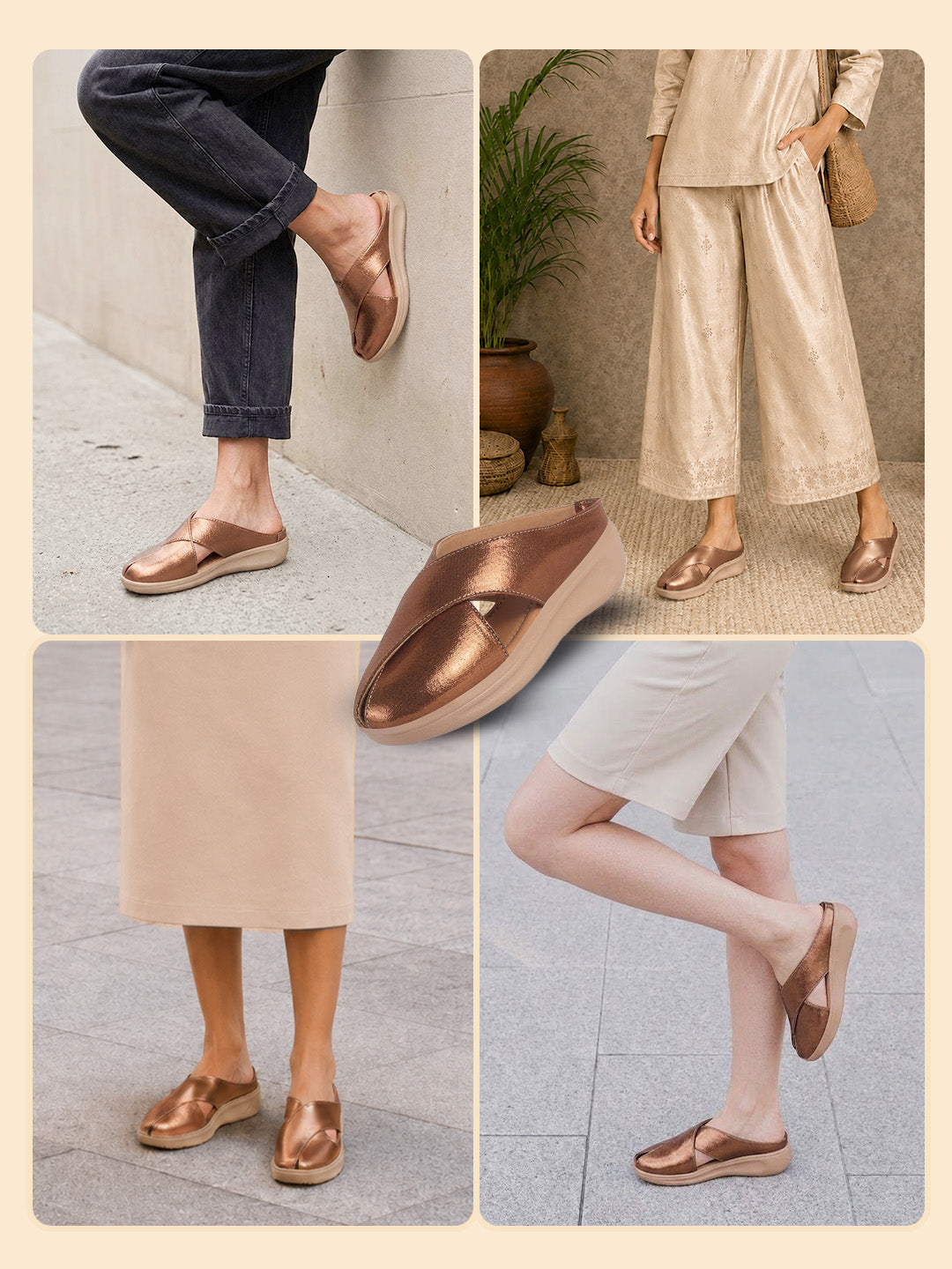 women copper criss cross strap design perforated slip on shoes | back open casual shoes for office, outdoor, party