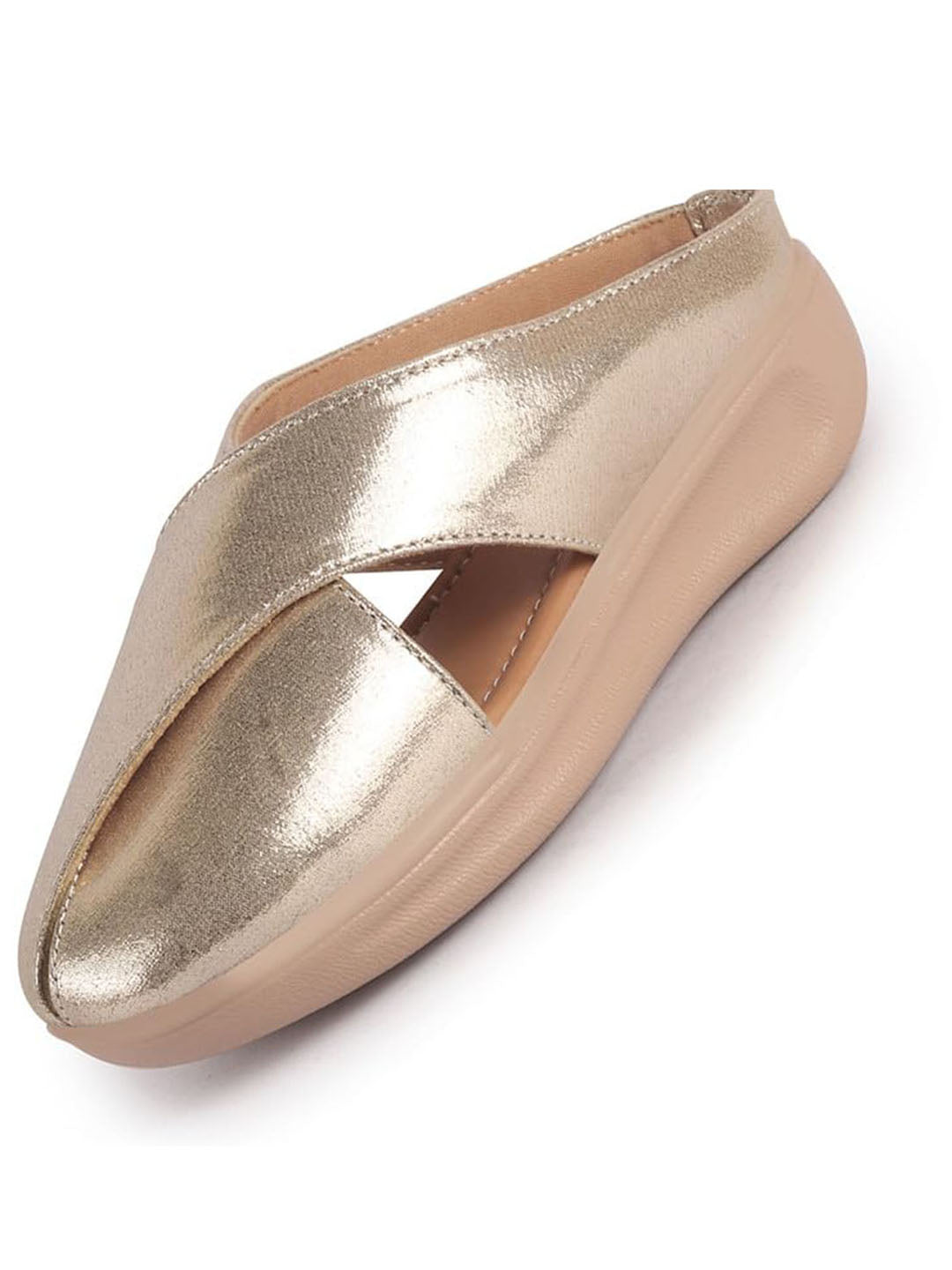 Women Gold Criss Cross Strap Design Perforated Slip On Shoes | Back Open Casual Shoes for Office, Outdoor, Party