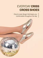 women gold criss cross strap design perforated slip on shoes | back open casual shoes for office, outdoor, party