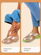 women gold criss cross strap design perforated slip on shoes | back open casual shoes for office, outdoor, party