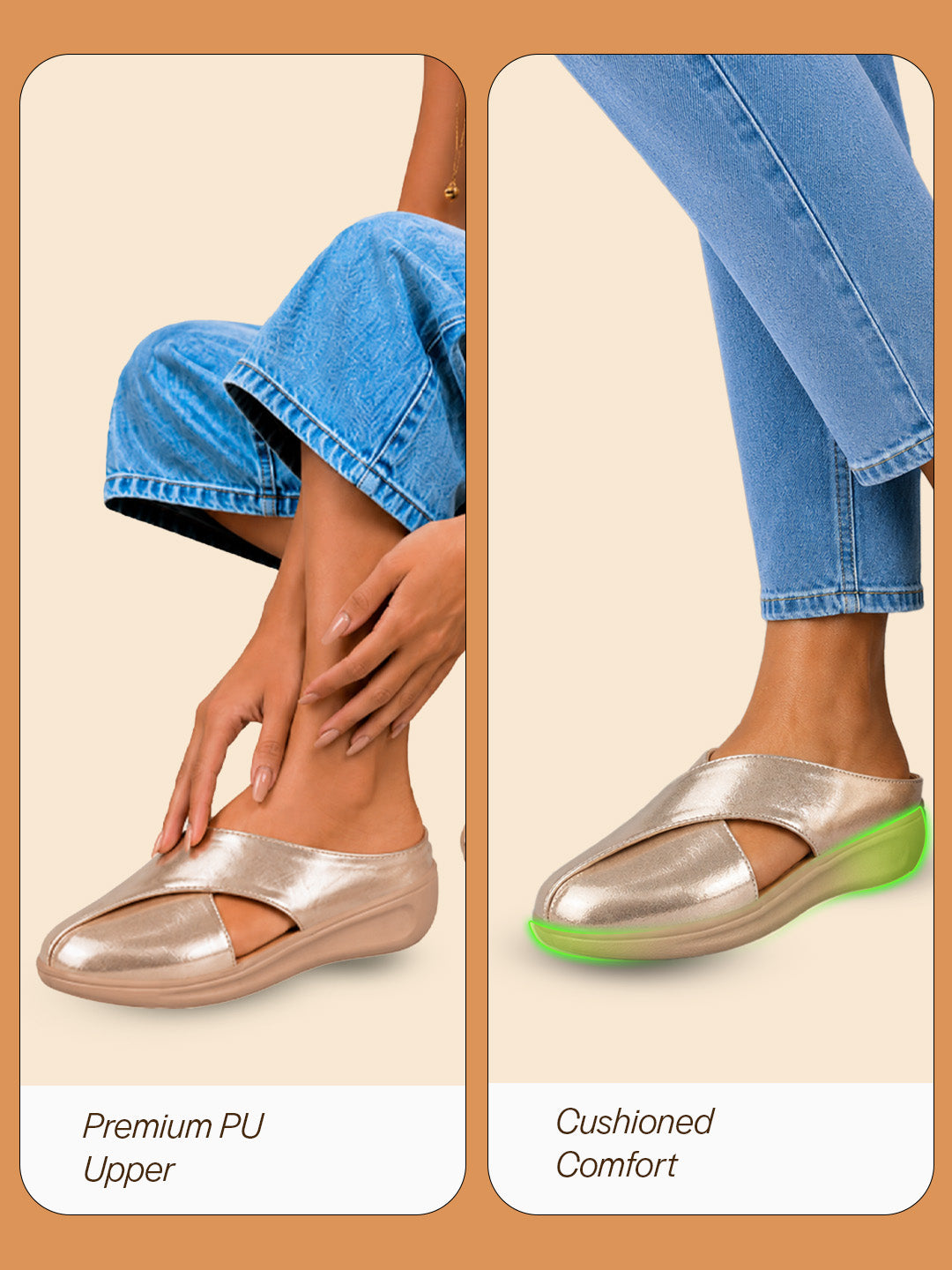 women gold criss cross strap design perforated slip on shoes | back open casual shoes for office, outdoor, party