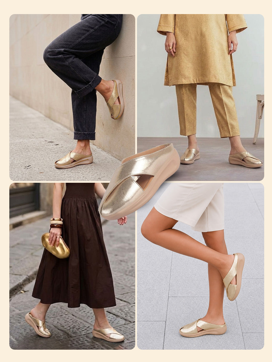 women gold criss cross strap design perforated slip on shoes | back open casual shoes for office, outdoor, party