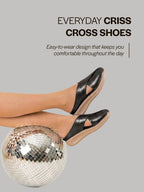 women metallic black criss cross strap design perforated slip on shoes | back open casual shoes for office, outdoor, party