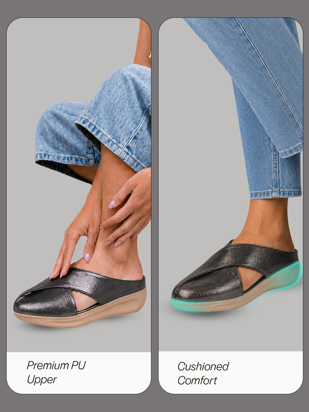 women metallic black criss cross strap design perforated slip on shoes | back open casual shoes for office, outdoor, party