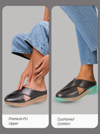 women metallic black criss cross strap design perforated slip on shoes | back open casual shoes for office, outdoor, party