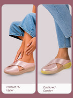 women peach criss cross strap design perforated slip on shoes | back open casual shoes for office, outdoor, party