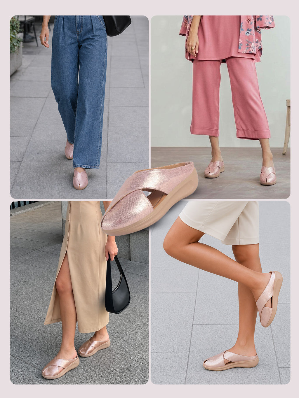 women peach criss cross strap design perforated slip on shoes | back open casual shoes for office, outdoor, party