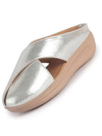 Women Silver Criss Cross Strap Design Perforated Slip On Shoes | Back Open Casual Shoes for Office, Outdoor, Party